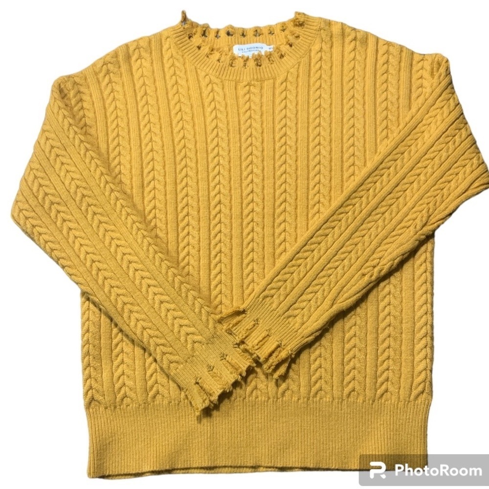 Molly Bracken Lili Sidonio Gold Fringe Crewneck Cable Knit Fisherman Sweater M/L
